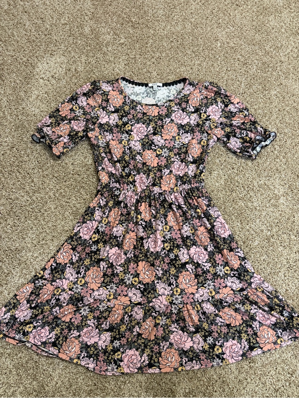 Floral Pink & Peach Short Sleeve Ruffle Dress